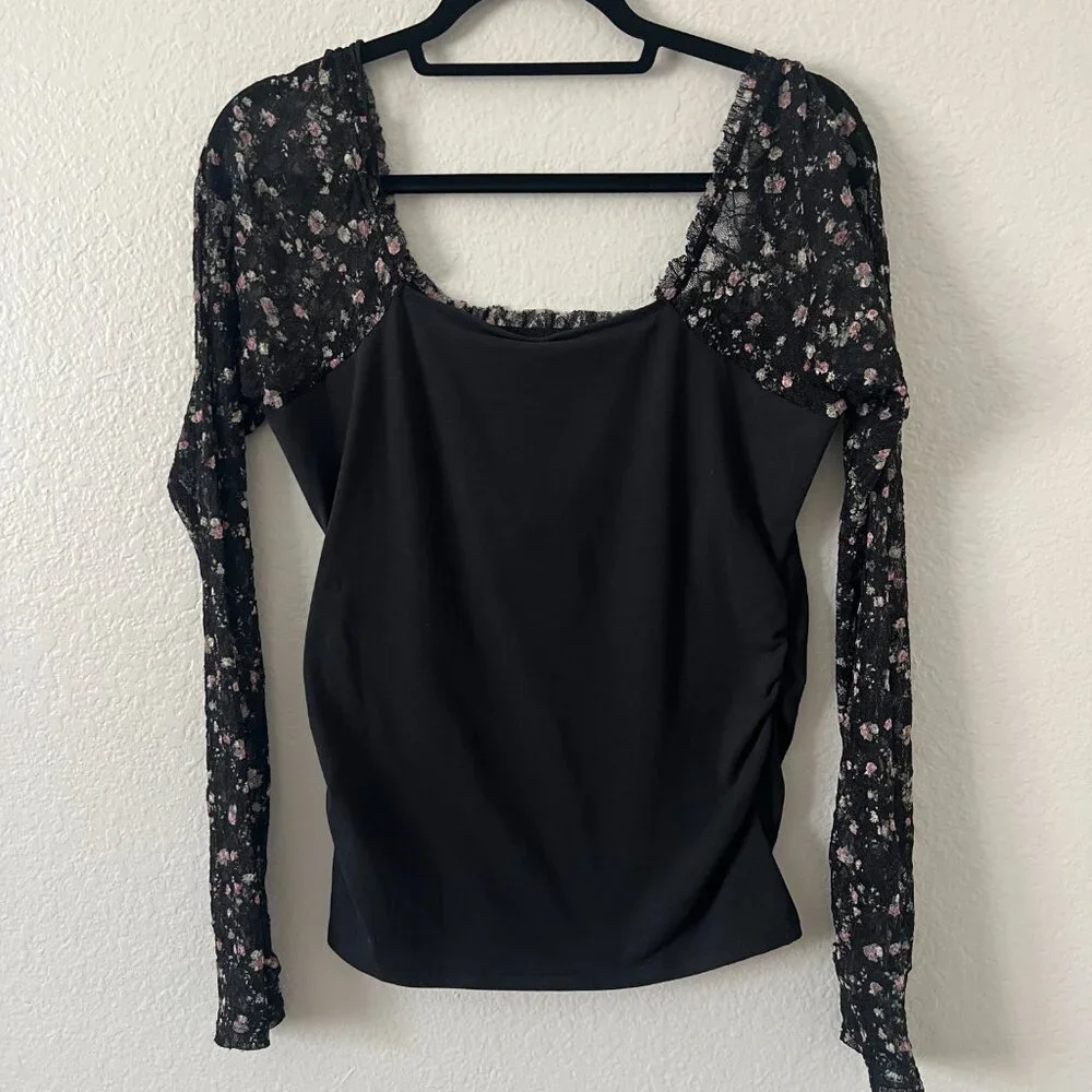 NWT Free People Sz L Josie‎ Top Black Floral Lace Festival Dainty Dark Coquette